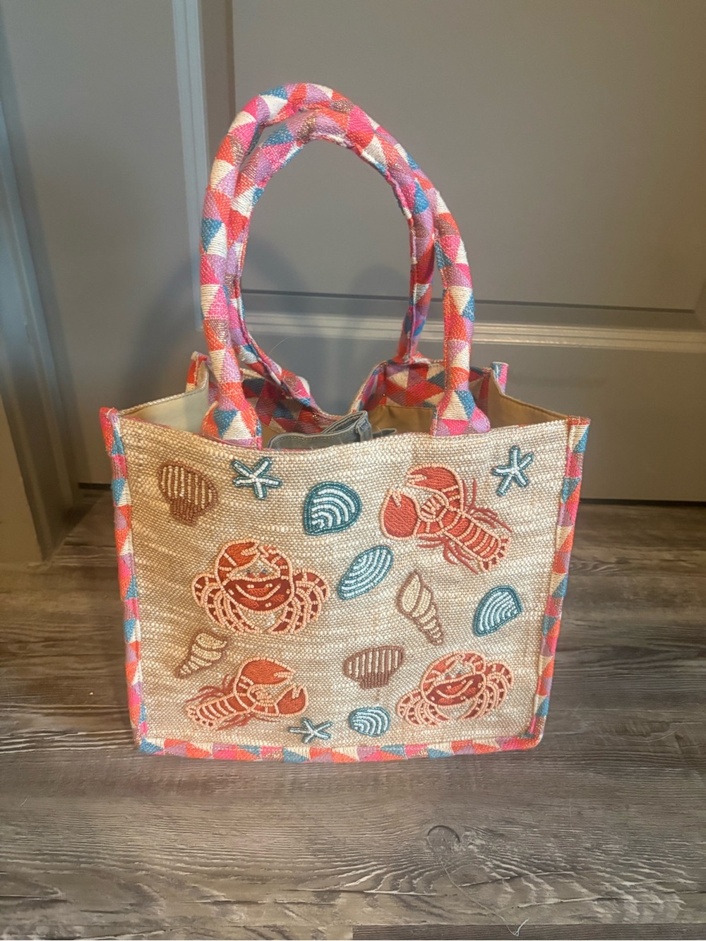 Beaded Crab & Shell Tote Bag - Natural with Red & Teal Accents